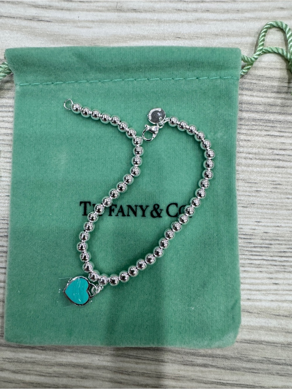 Tiffany & Co. Silver Bead Bracelet with Turquoise Heart Charm